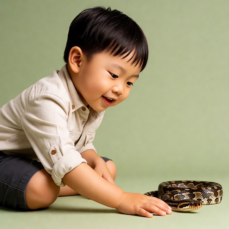 Asian boy touching ball python Asian boy touching ball python