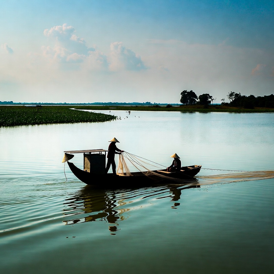 Two Asian fishermen casting net from boat Two Asian fishermen casting net from boat