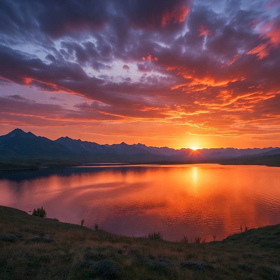 Sunset over mountains and lake Sunset over mountains and lake