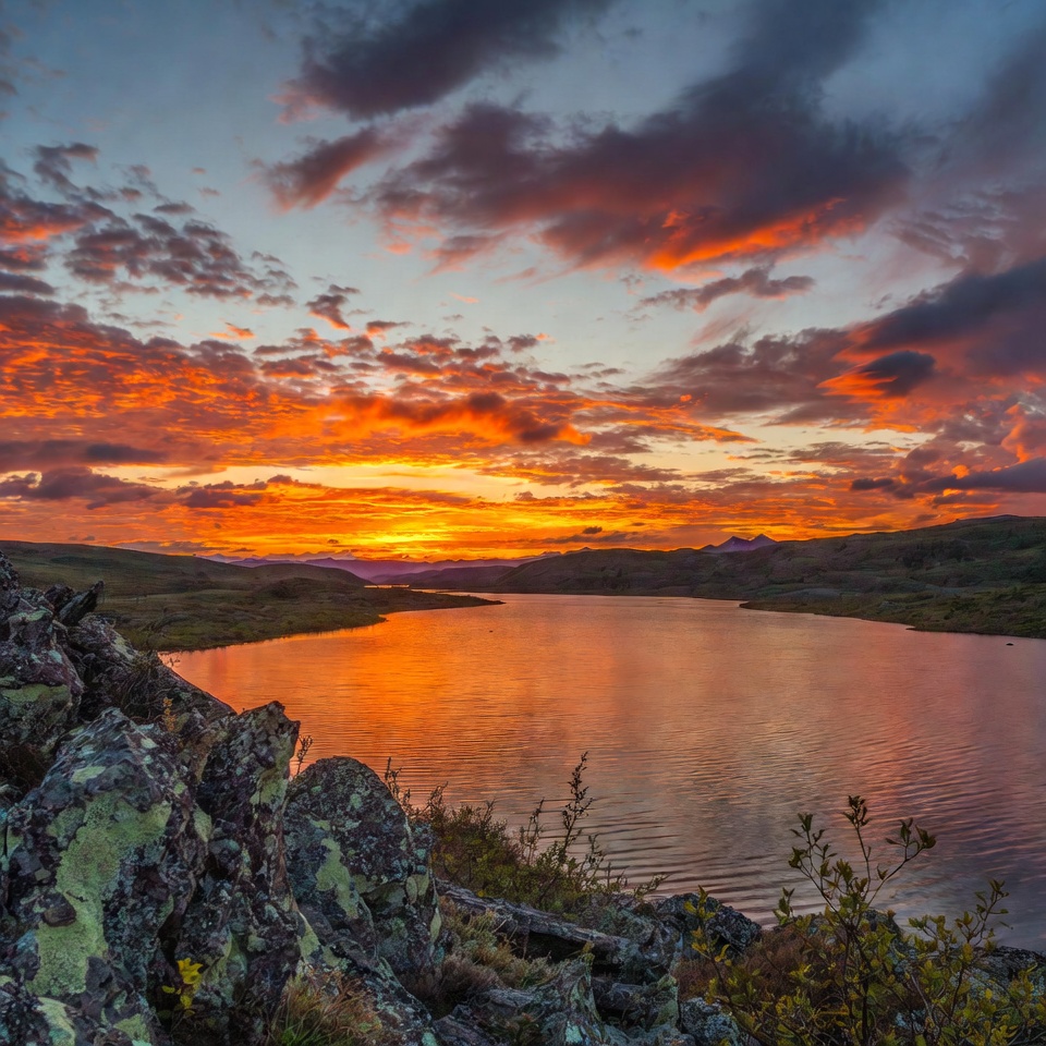 Sunset over mountain lake Sunset over mountain lake