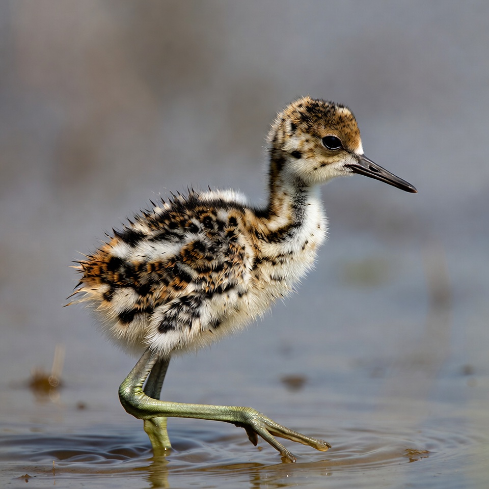 Fluffy black-winged stilt chick wading Fluffy black-winged stilt chick wading
