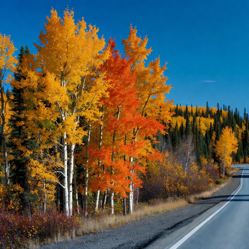 Aspen trees with fall colors by road Aspen trees with fall colors by road