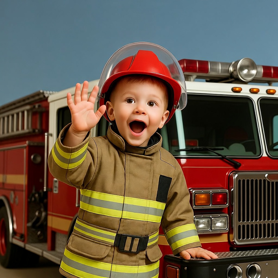 Boy waving in firefighter costume by truck Boy waving in firefighter costume by truck