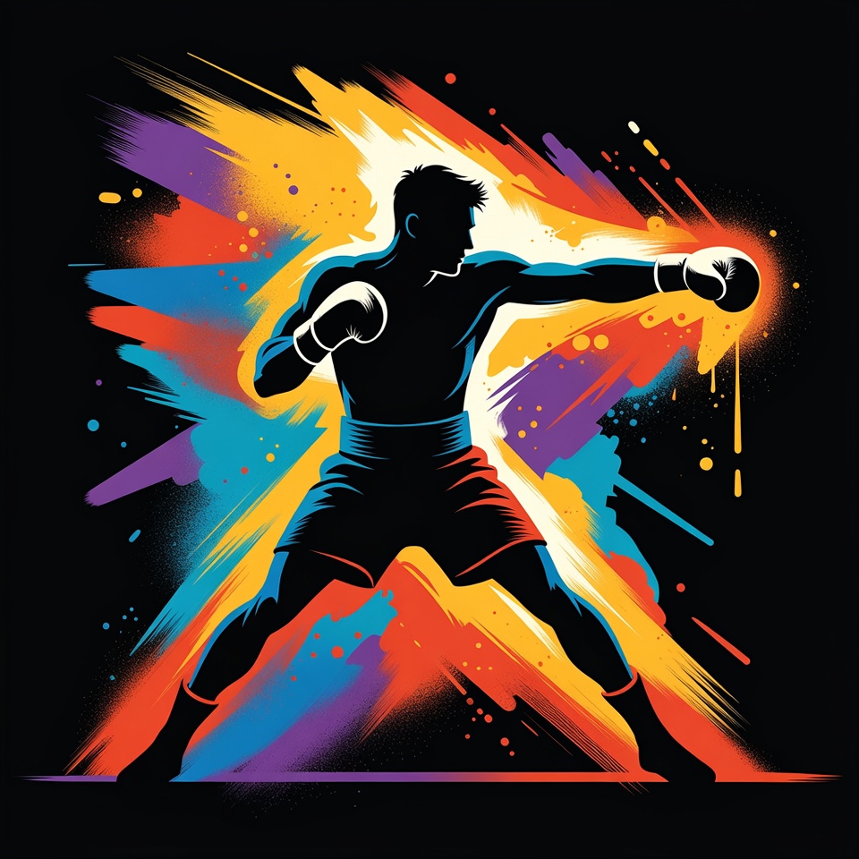 Silhouette Boxer Punching with Color Splashes Silhouette Boxer Punching with Color Splashes