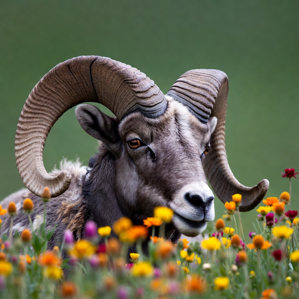 Bighorn sheep among wildflowers Bighorn sheep among wildflowers