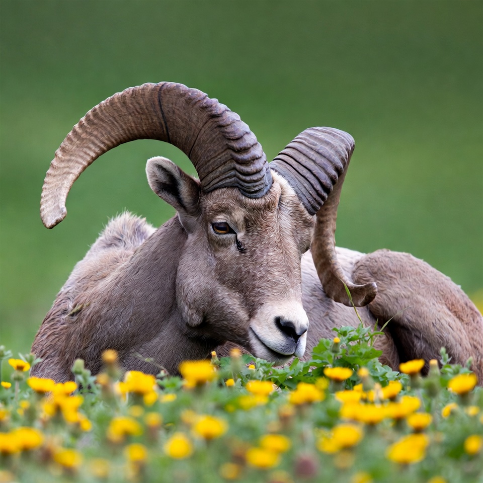 Bighorn sheep in yellow flowers Bighorn sheep in yellow flowers