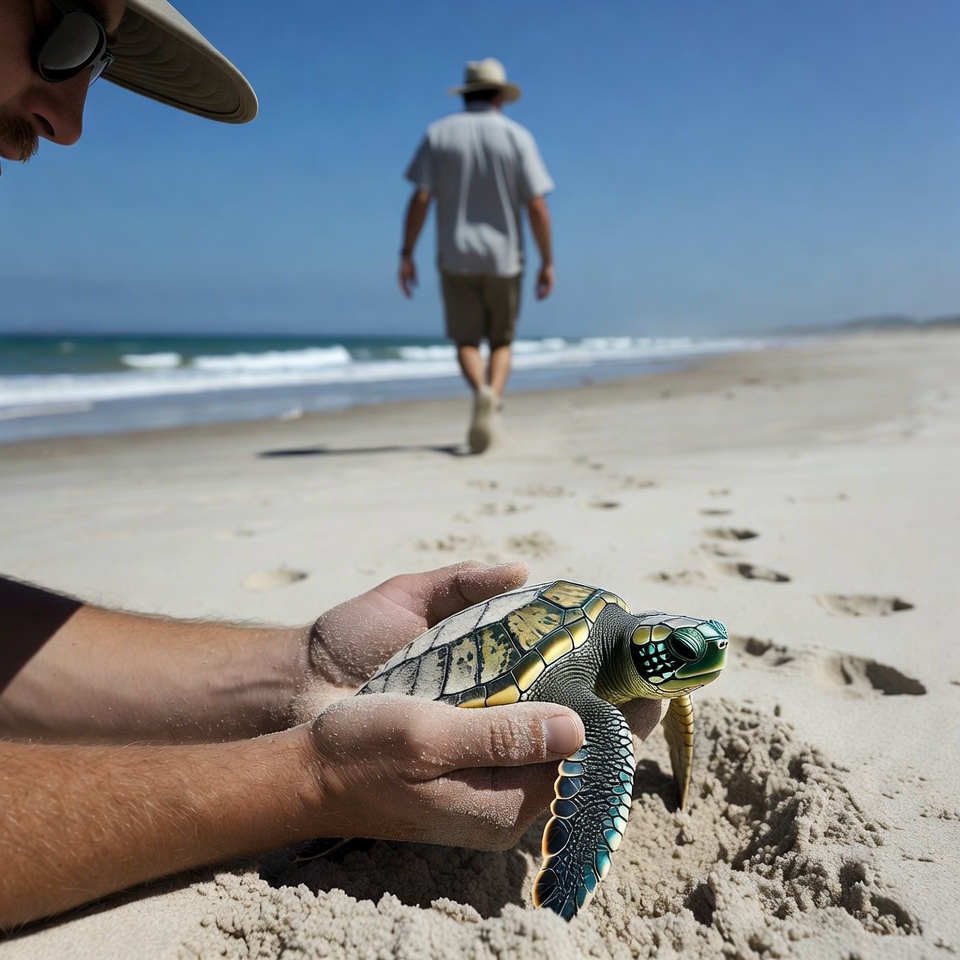 Man holding baby sea turtle on beach Man holding baby sea turtle on beach