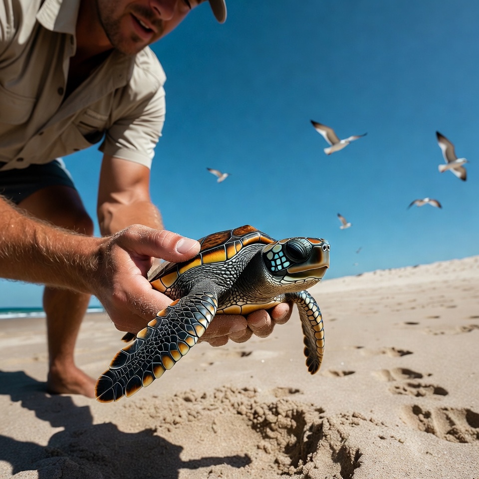 Man holding baby sea turtle on beach Man holding baby sea turtle on beach