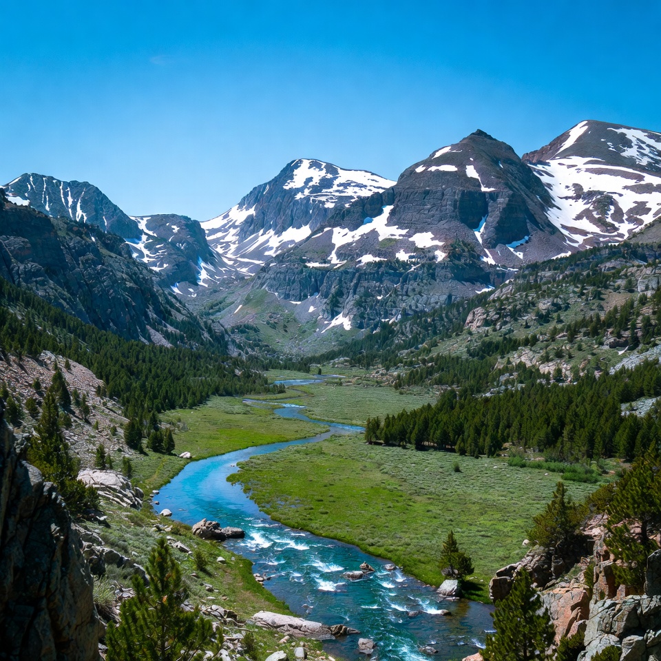 Mountain Valley with River and Snow Peaks Mountain Valley with River and Snow Peaks
