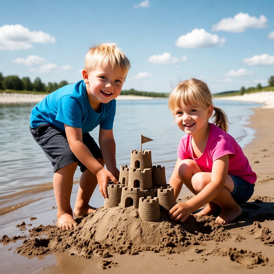 Boy and girl building sandcastle beach Boy and girl building sandcastle beach