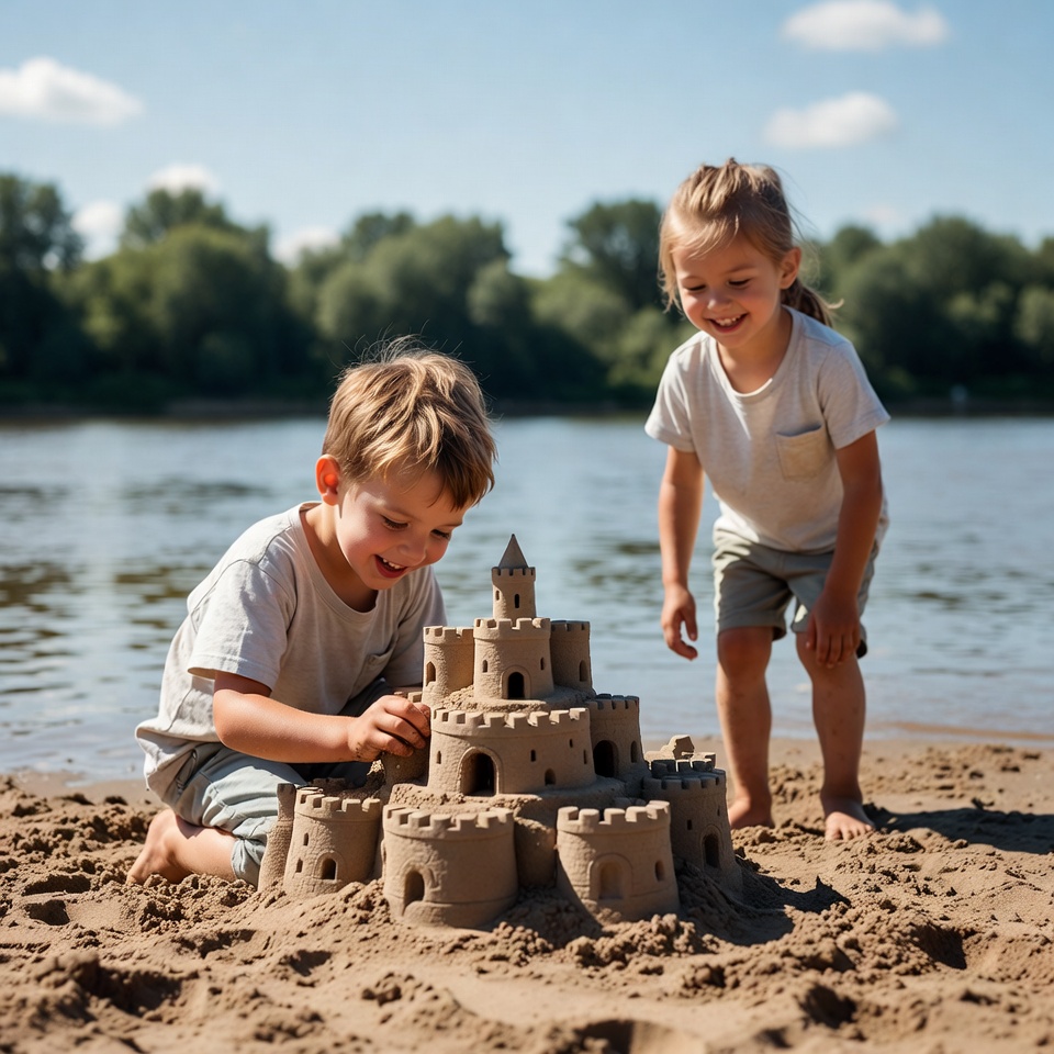 Boy and girl building sandcastle on beach Boy and girl building sandcastle on beach