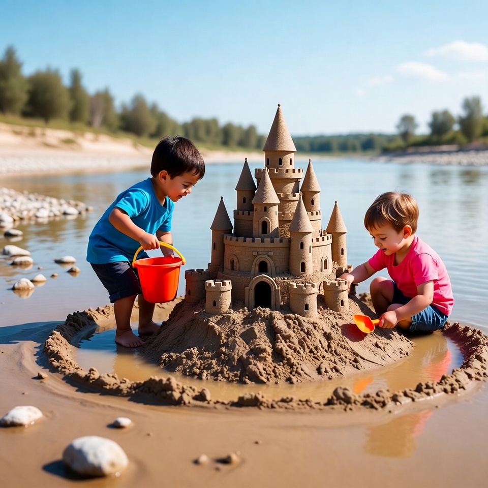 Two boys building sandcastle on beach Two boys building sandcastle on beach