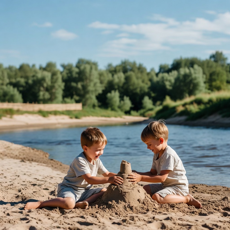 Twin boys building sandcastle on river beach Twin boys building sandcastle on river beach