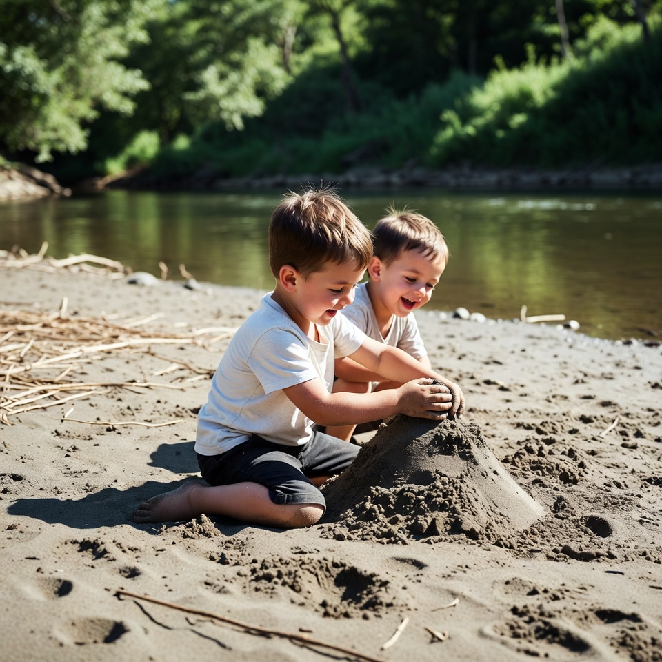 Two boys building sandcastle by river Two boys building sandcastle by river