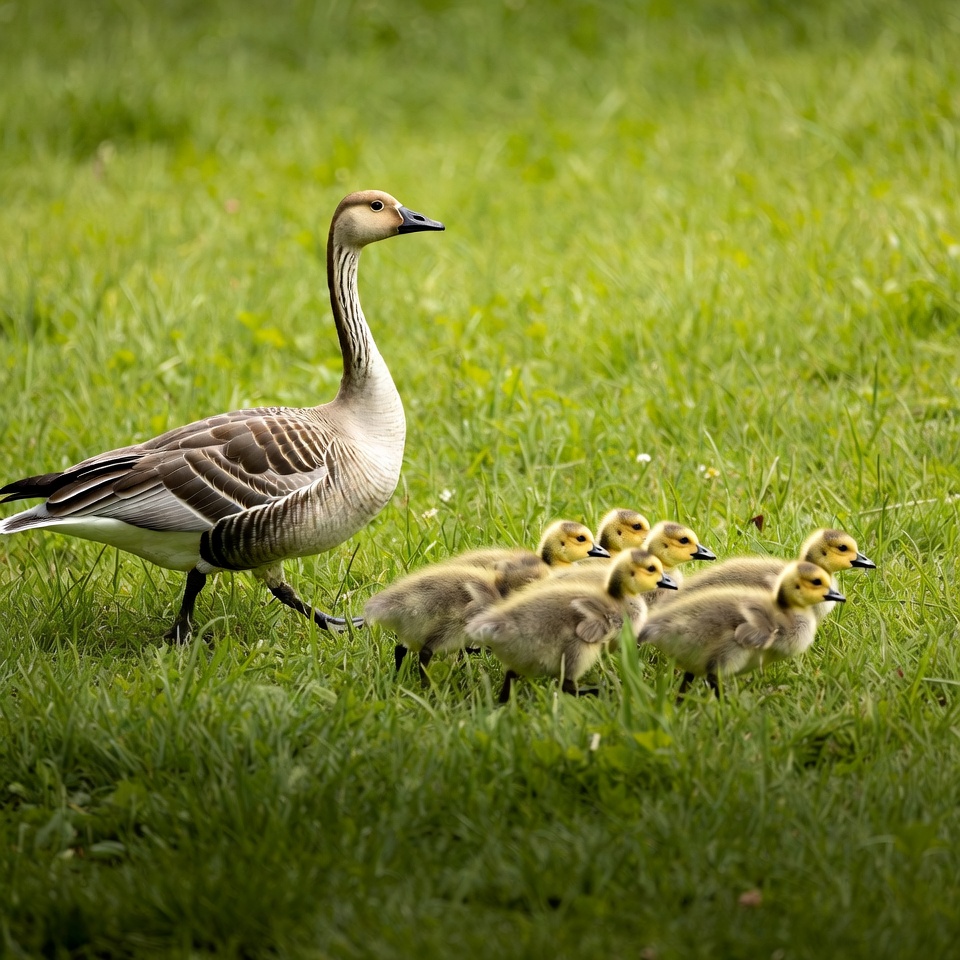 Mother Goose with Goslings in Grass Mother Goose with Goslings in Grass
