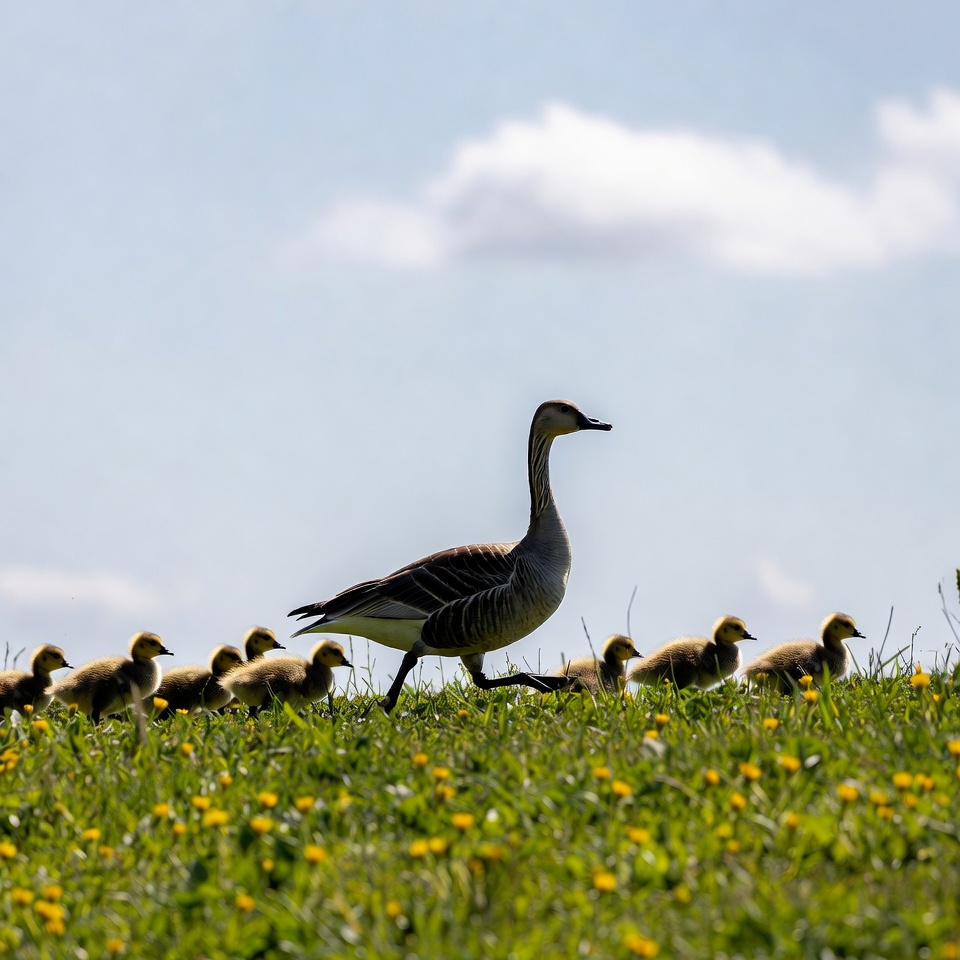 Mother Goose Leading Goslings in Grass Mother Goose Leading Goslings in Grass