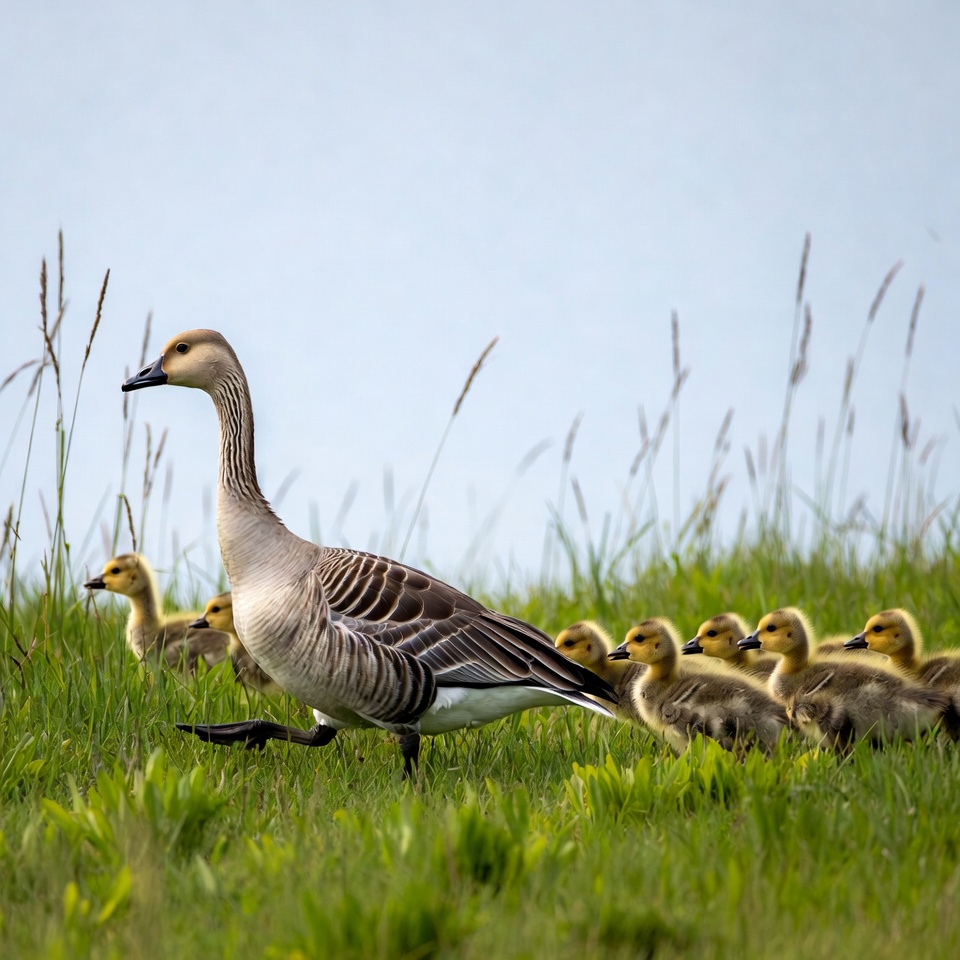 Mother Goose Leading Goslings in Grass Mother Goose Leading Goslings in Grass