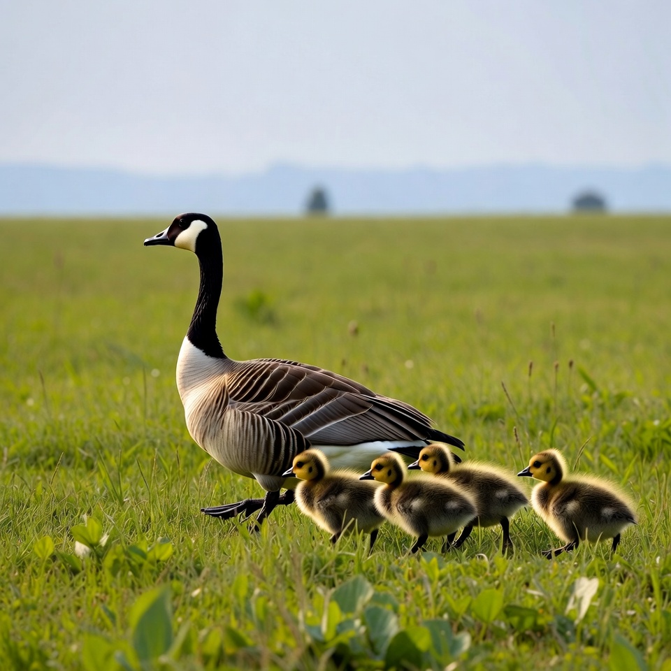 Canada goose with goslings in field Canada goose with goslings in field