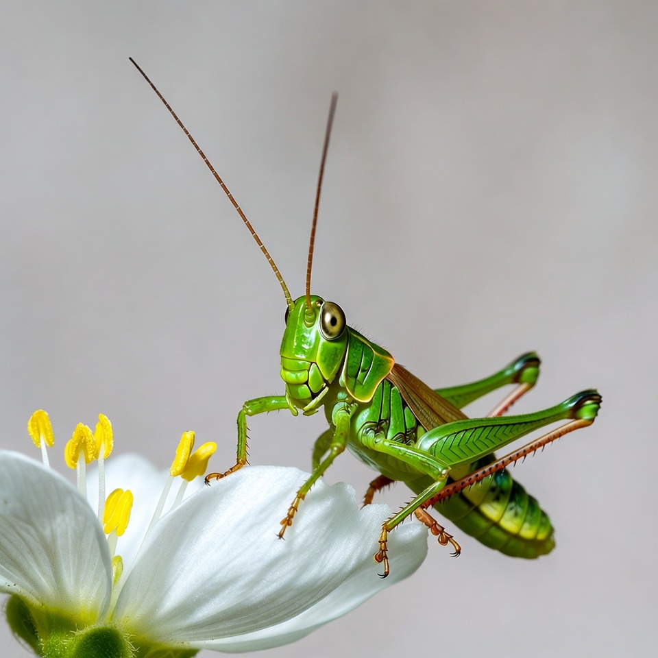 Green grasshopper on white flower Green grasshopper on white flower