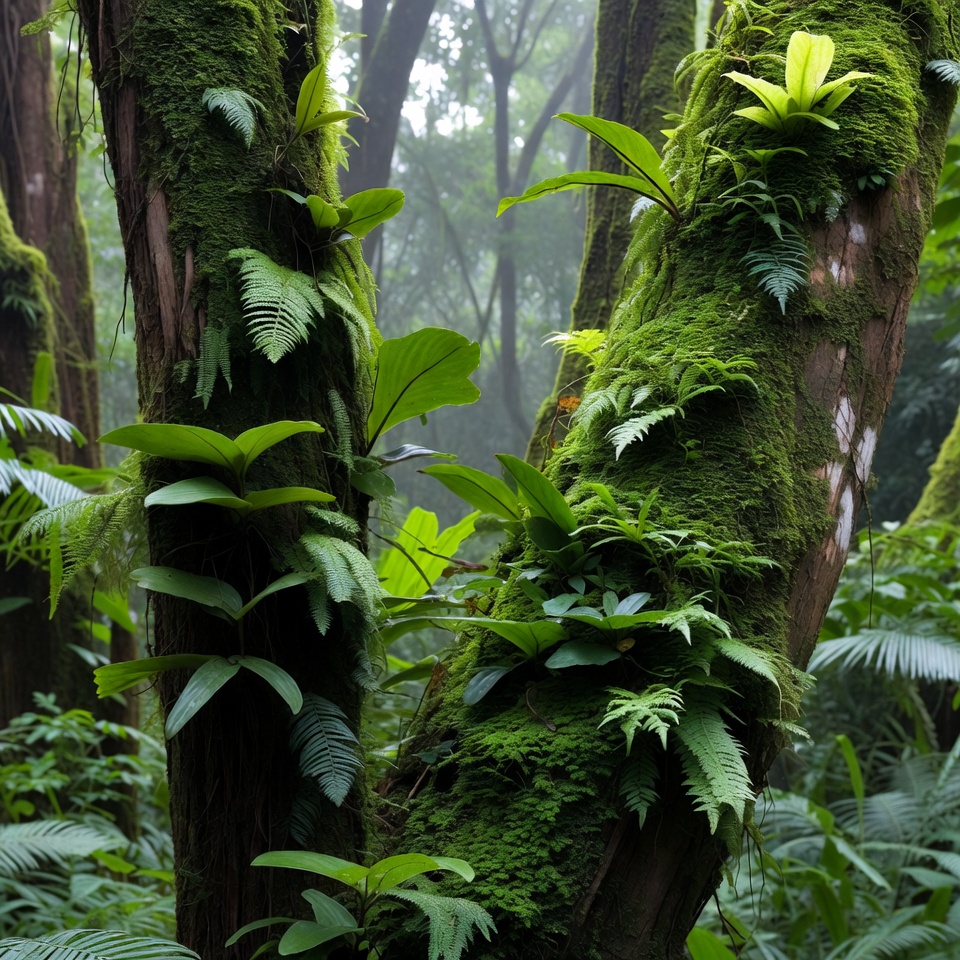 Mossy Trees with Ferns in Rainforest Mossy Trees with Ferns in Rainforest