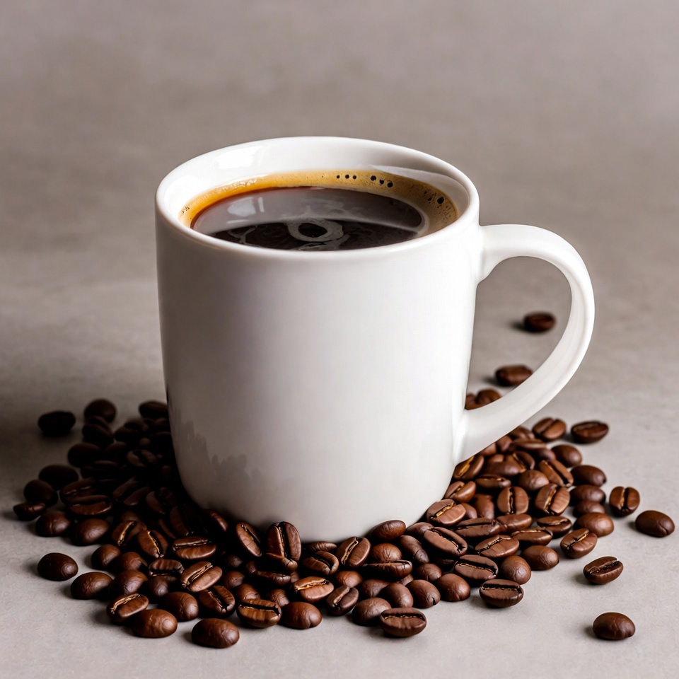 White Mug of Black Coffee with Beans White Mug of Black Coffee with Beans