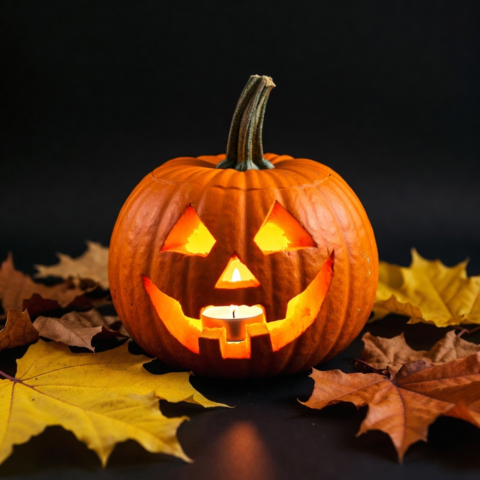 Lit Jack-o'-lantern on Autumn Leaves Lit Jack-o'-lantern on Autumn Leaves