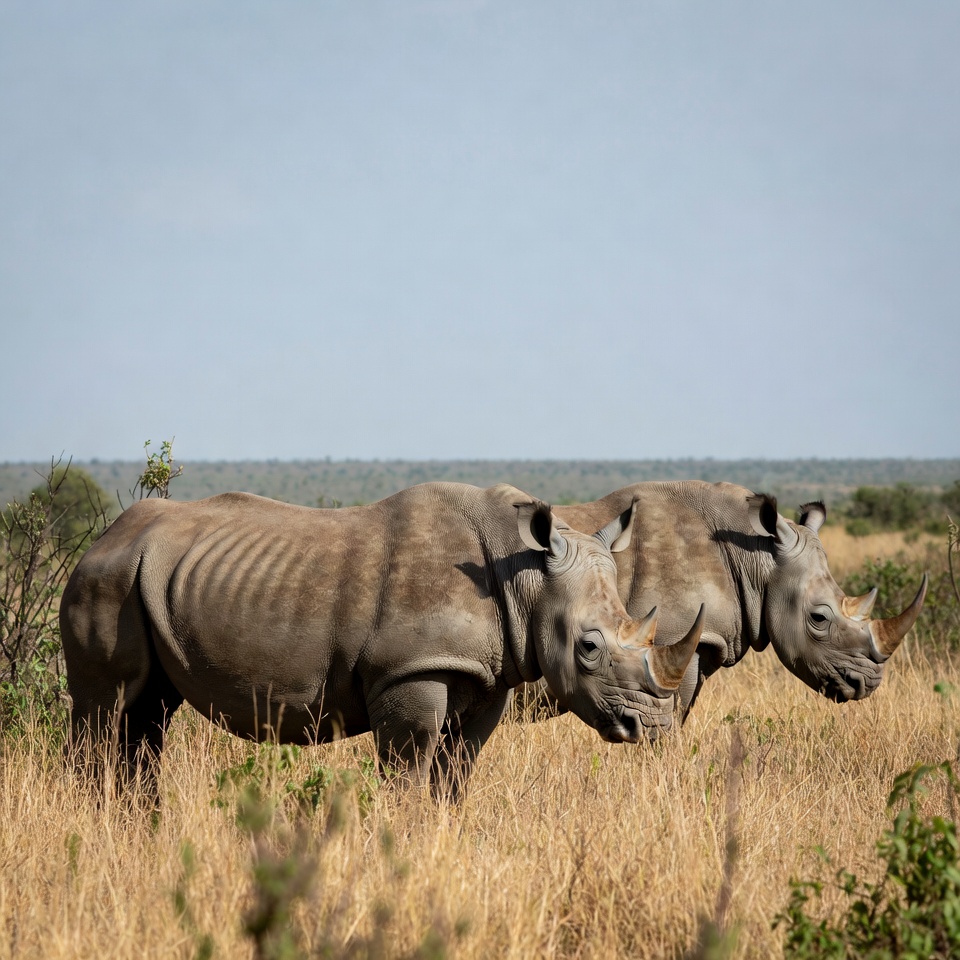 Two rhinos grazing in savanna Two rhinos grazing in savanna