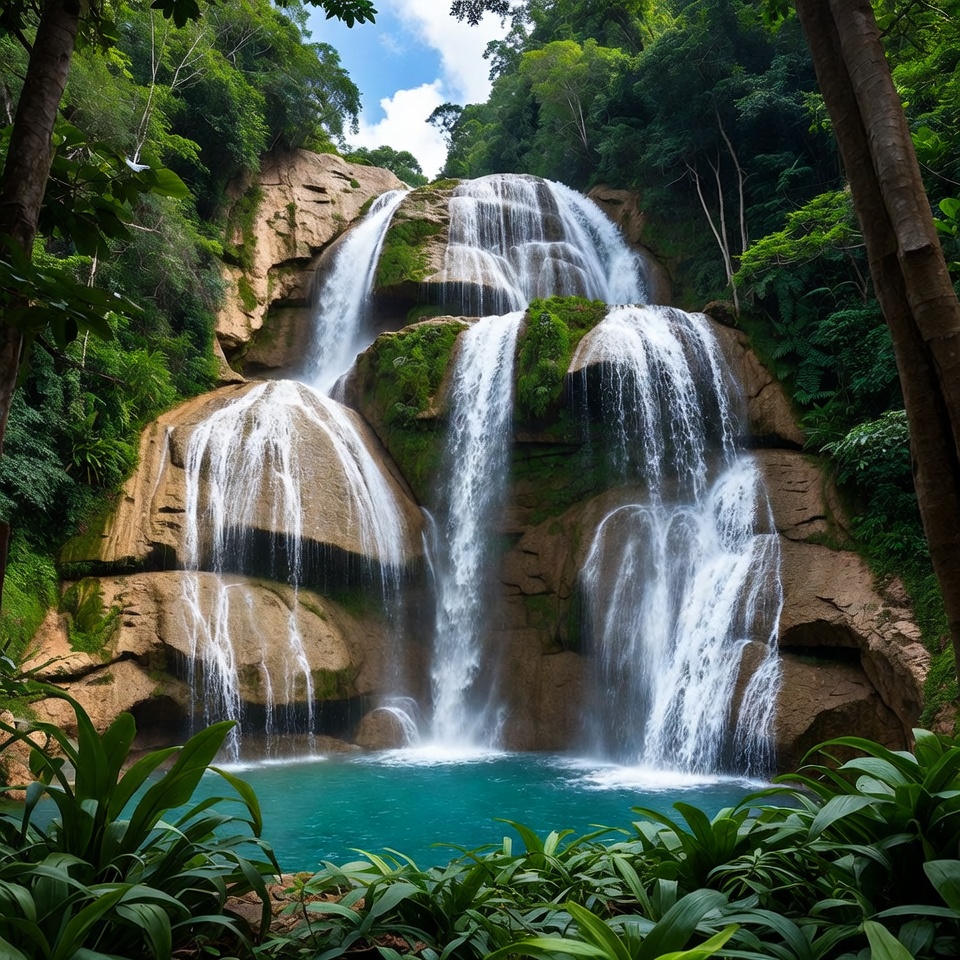 Multi-tiered Waterfall in Tropical Forest Multi-tiered Waterfall in Tropical Forest