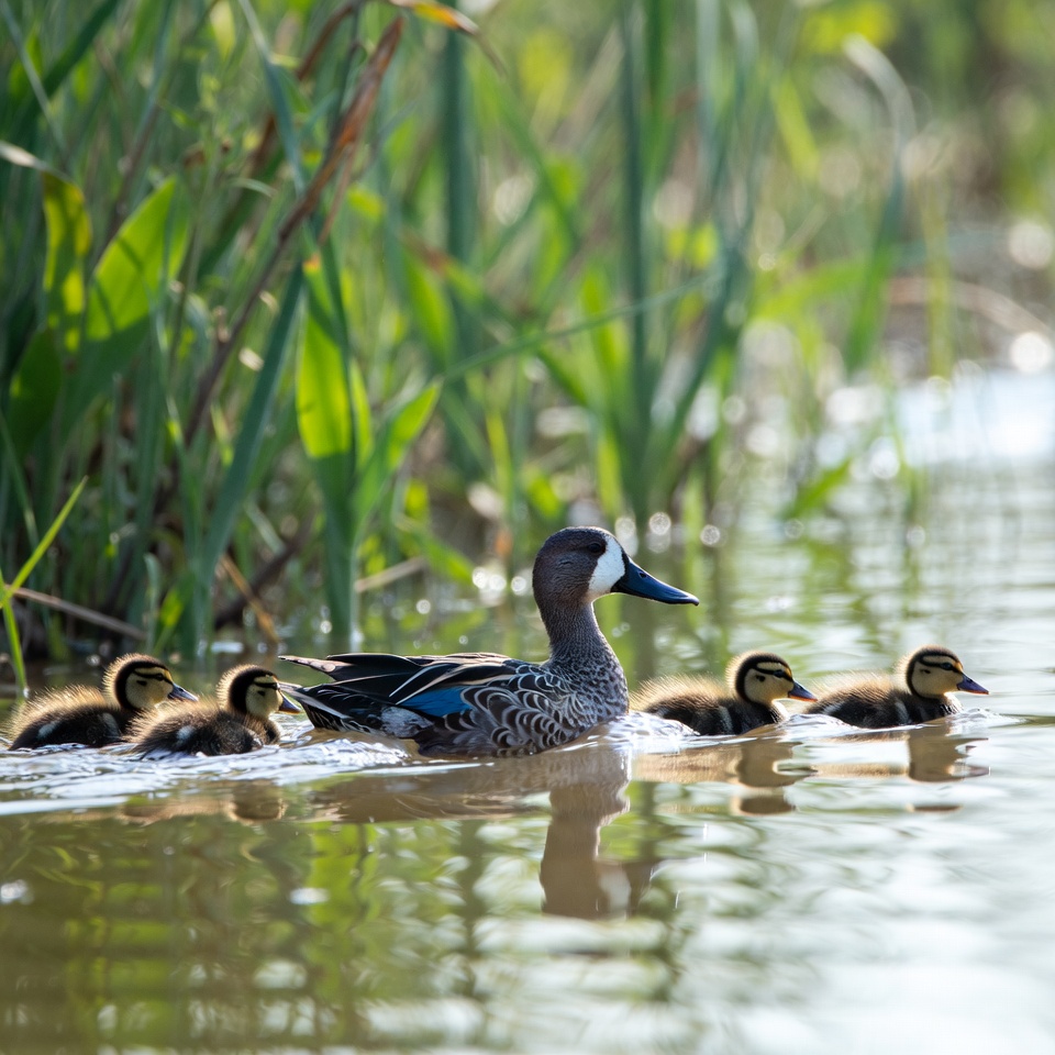 Duck family swimming with ducklings Duck family swimming with ducklings