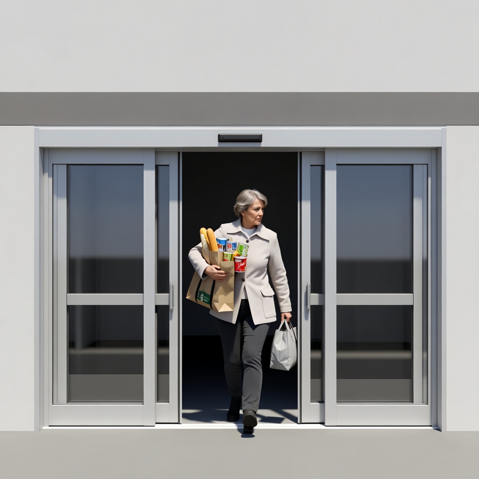 Elderly woman entering store with groceries Elderly woman entering store with groceries