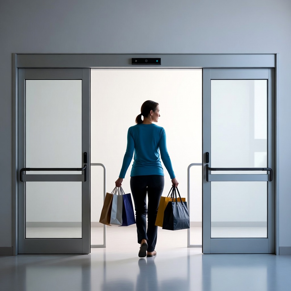 Woman walking through open doors with shopping bags Woman walking through open doors with shopping bags