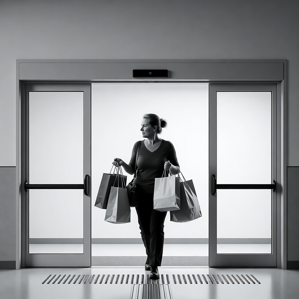 Woman carrying shopping bags through doors Woman carrying shopping bags through doors