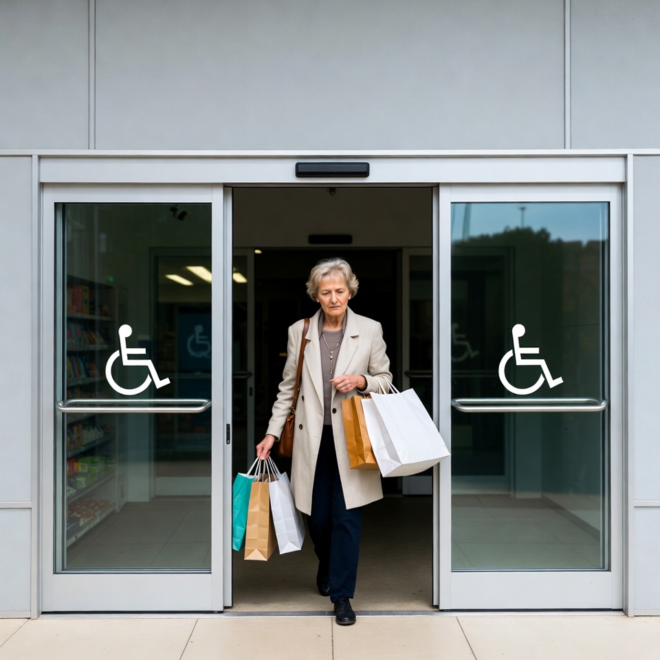 Elderly woman entering accessible doors with shopping bags Elderly woman entering accessible doors with shopping bags