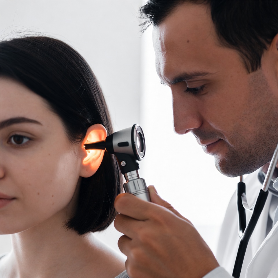 Doctor examining woman's ear with otoscope Doctor examining woman's ear with otoscope