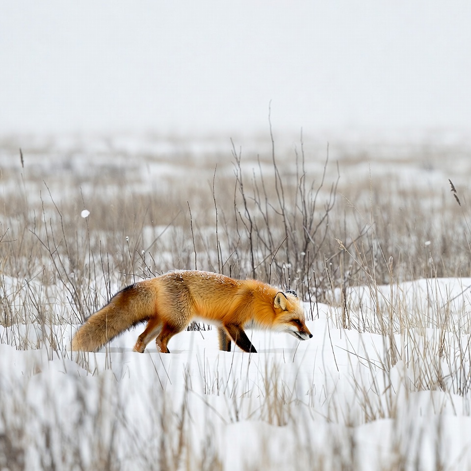 Red fox walking in snowy field Red fox walking in snowy field