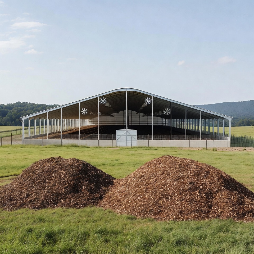 Metal Barn with Wood Chip Piles Metal Barn with Wood Chip Piles
