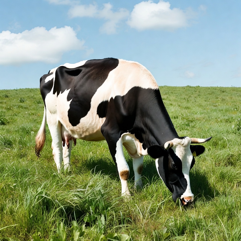 Holstein cow grazing in green field Holstein cow grazing in green field