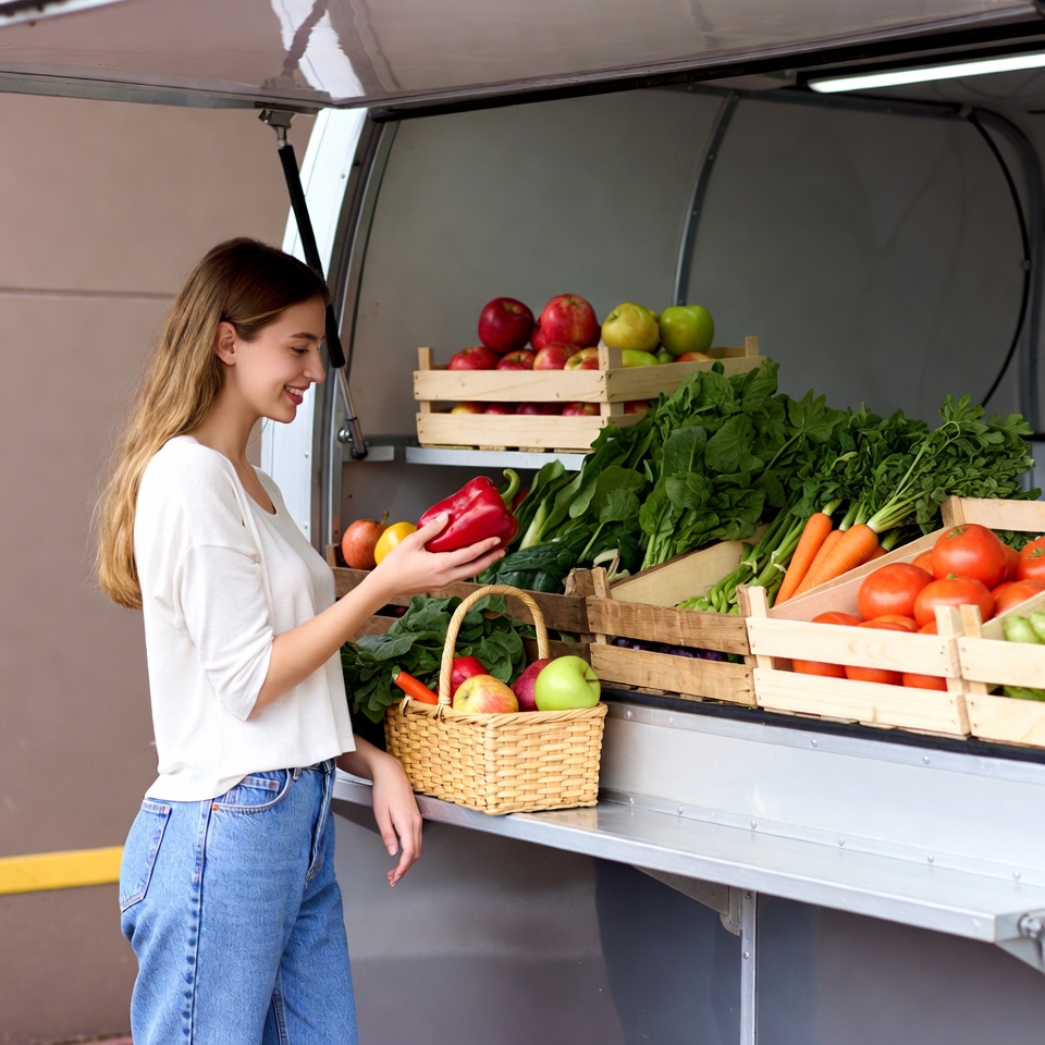 Woman shopping vegetables at food truck Woman shopping vegetables at food truck
