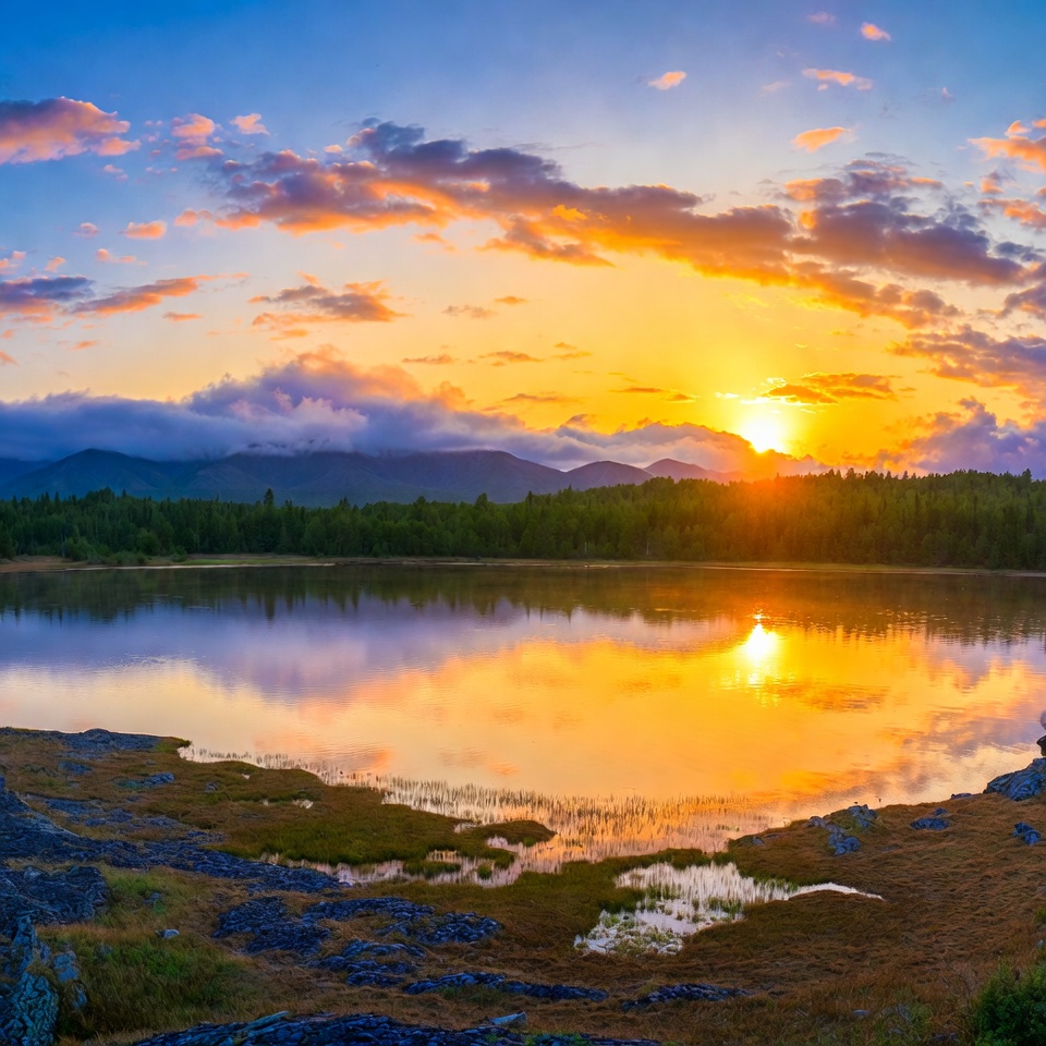 Sunset over mountain lake Sunset over mountain lake