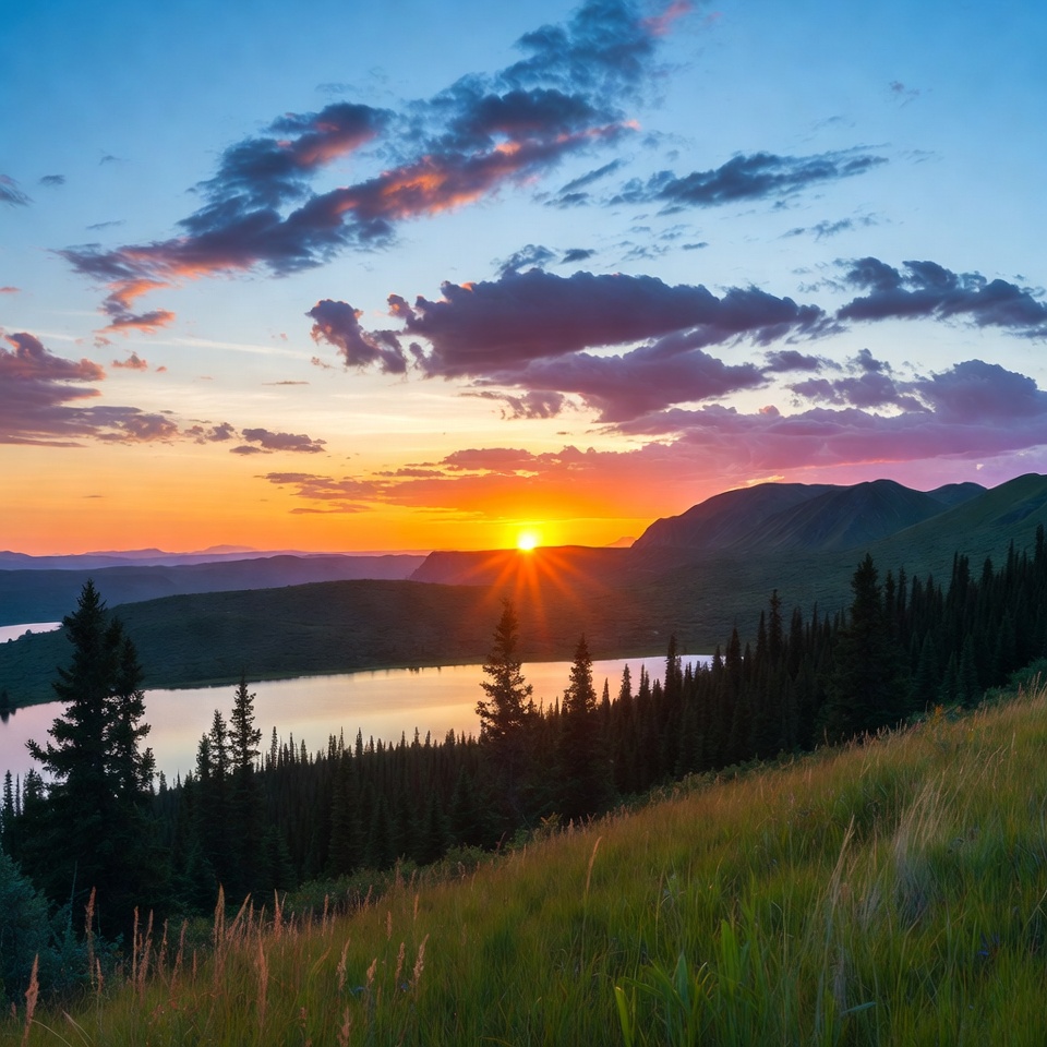 Sunset over lake and mountains Sunset over lake and mountains
