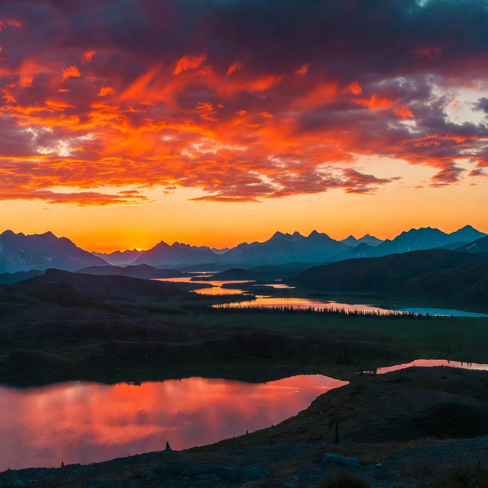 Sunset over mountains and lakes Sunset over mountains and lakes