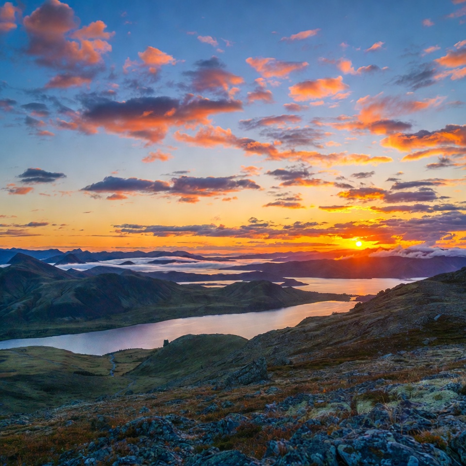 Sunrise over mountain lake valley Sunrise over mountain lake valley