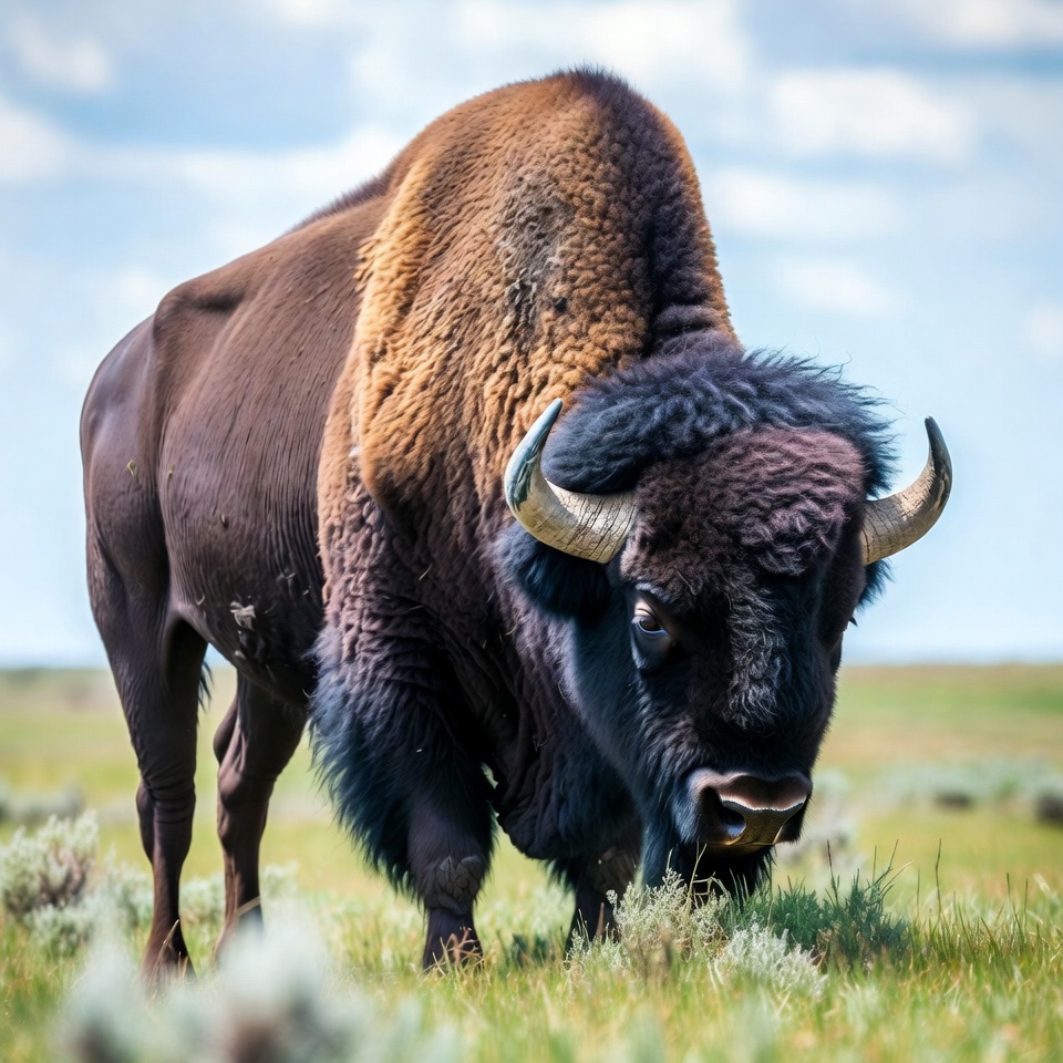 Bison grazing in grassy field Bison grazing in grassy field