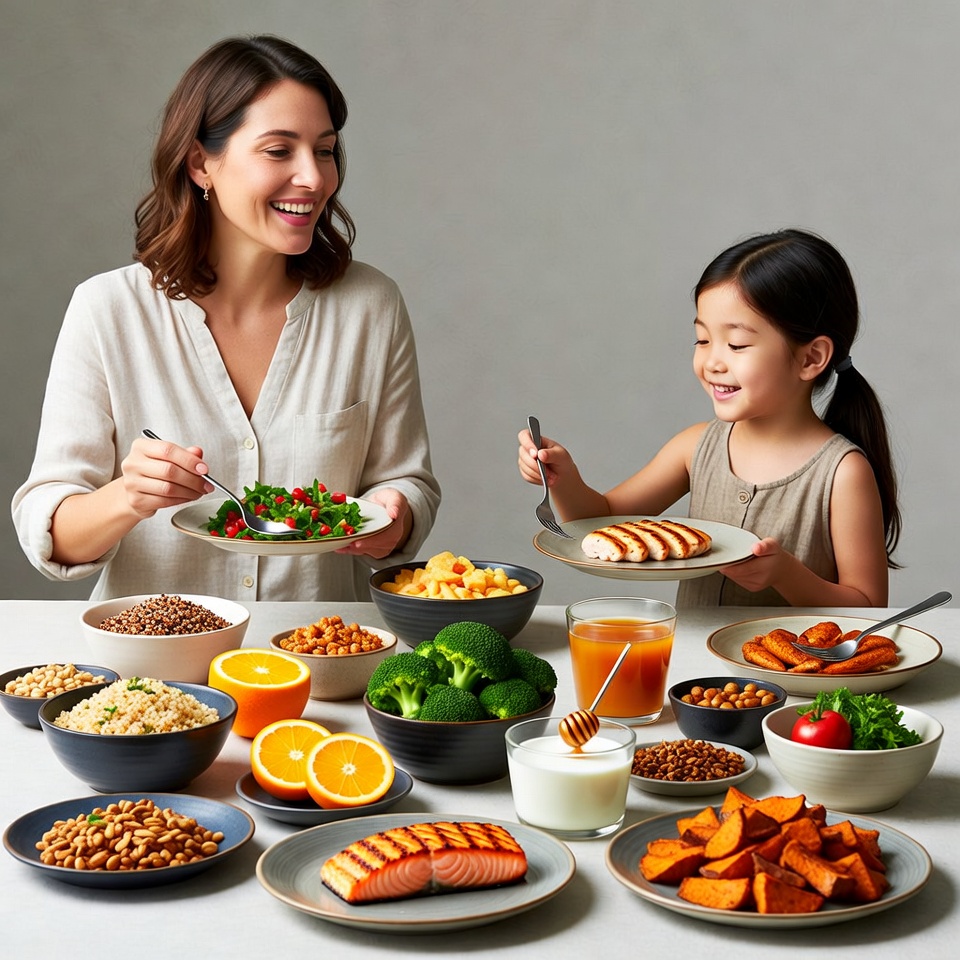 Asian mother and daughter eating healthy meal Asian mother and daughter eating healthy meal
