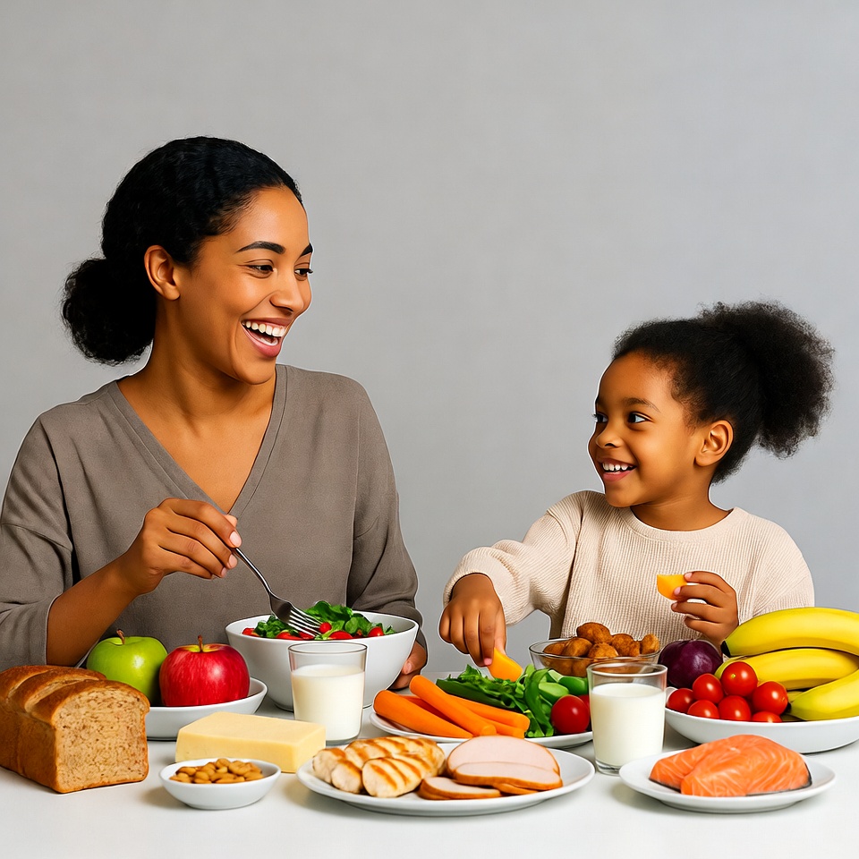 African-American mother and daughter eating healthy food African-American mother and daughter eating healthy food