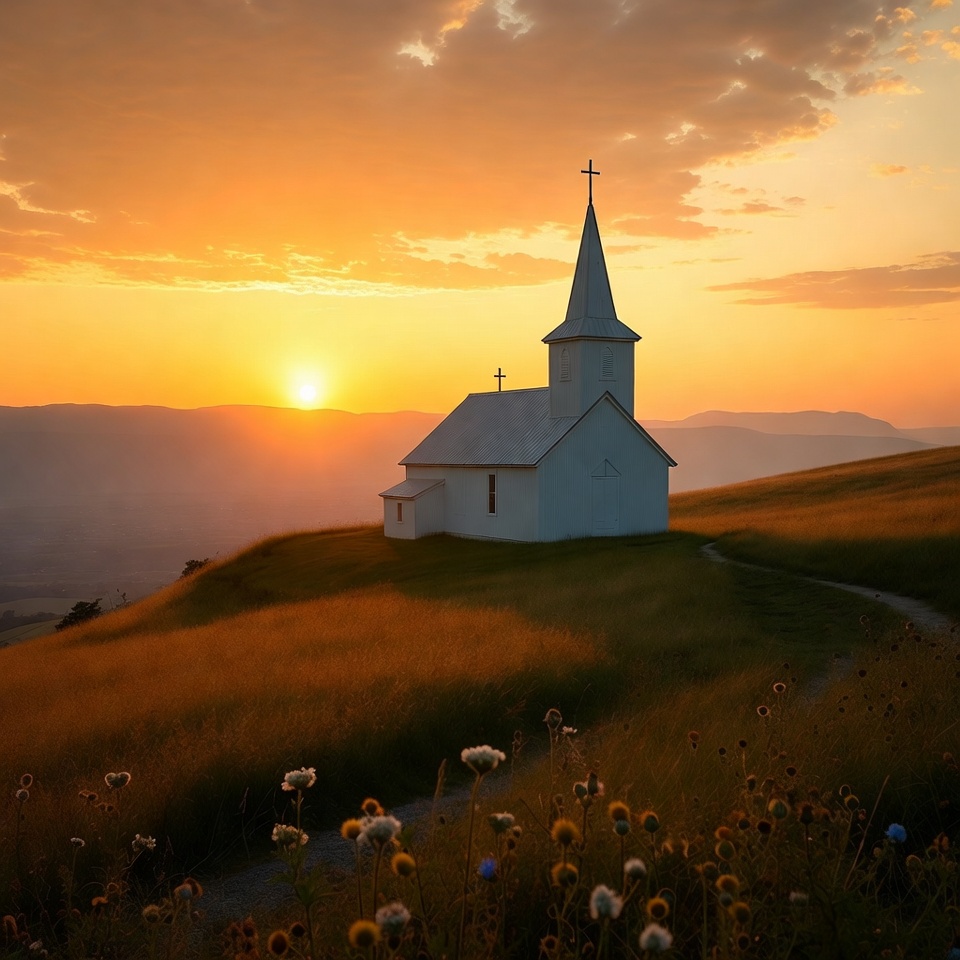 White Church on Hill at Sunset White Church on Hill at Sunset