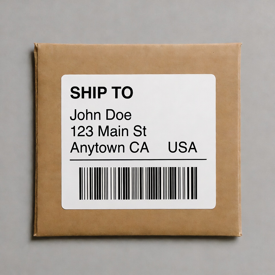 Brown shipping box with address label Brown shipping box with address label
