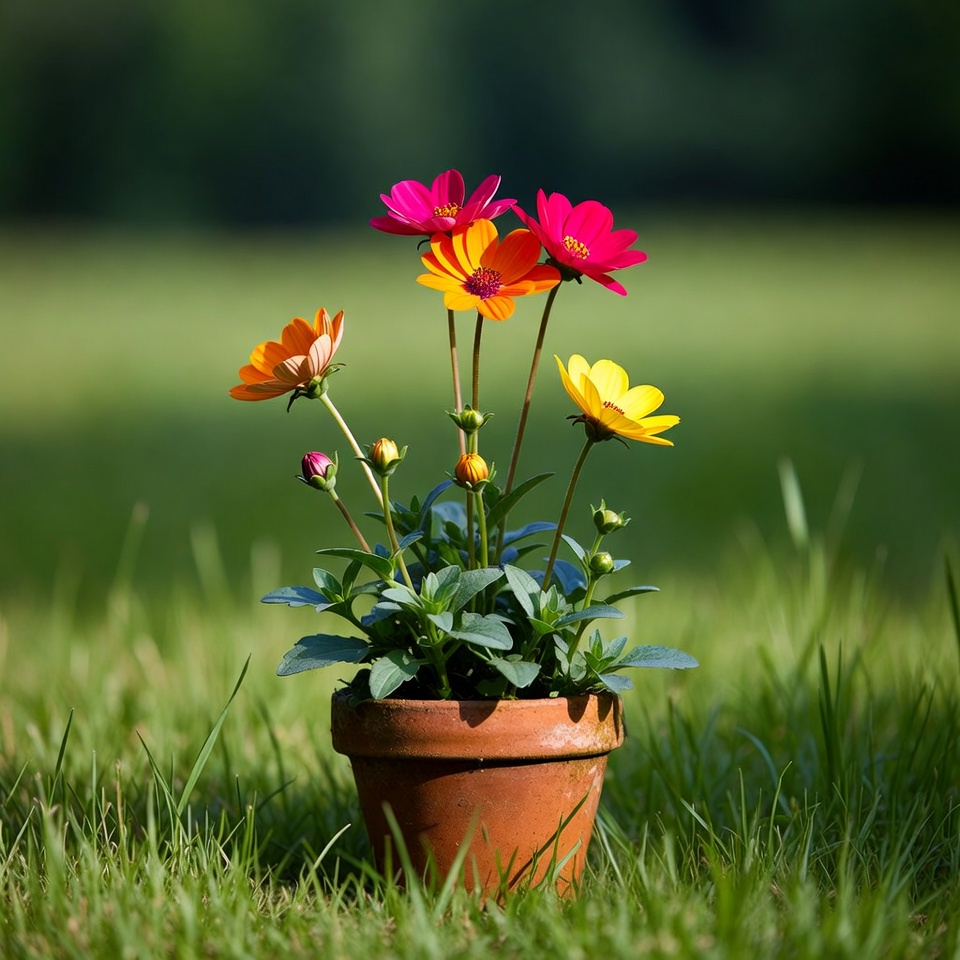 Colorful Daisies in Terracotta Pot on Grass Colorful Daisies in Terracotta Pot on Grass