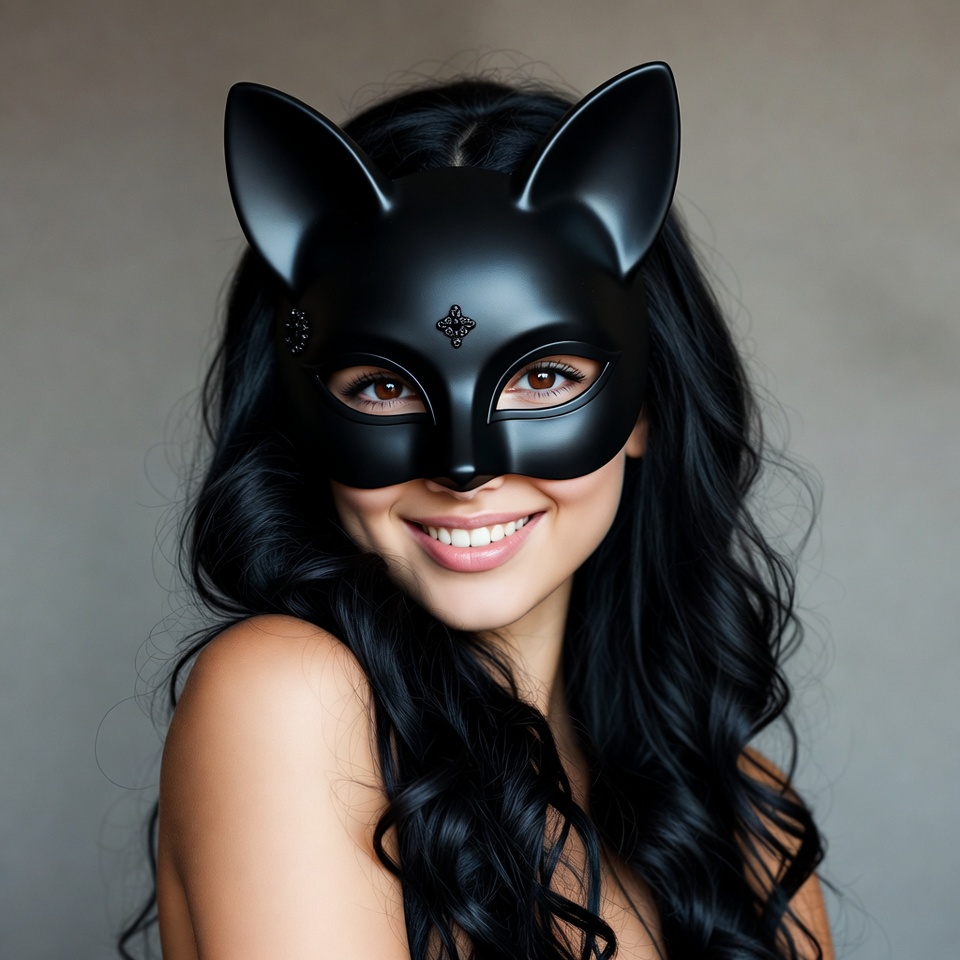 Woman wearing black cat mask Woman wearing black cat mask