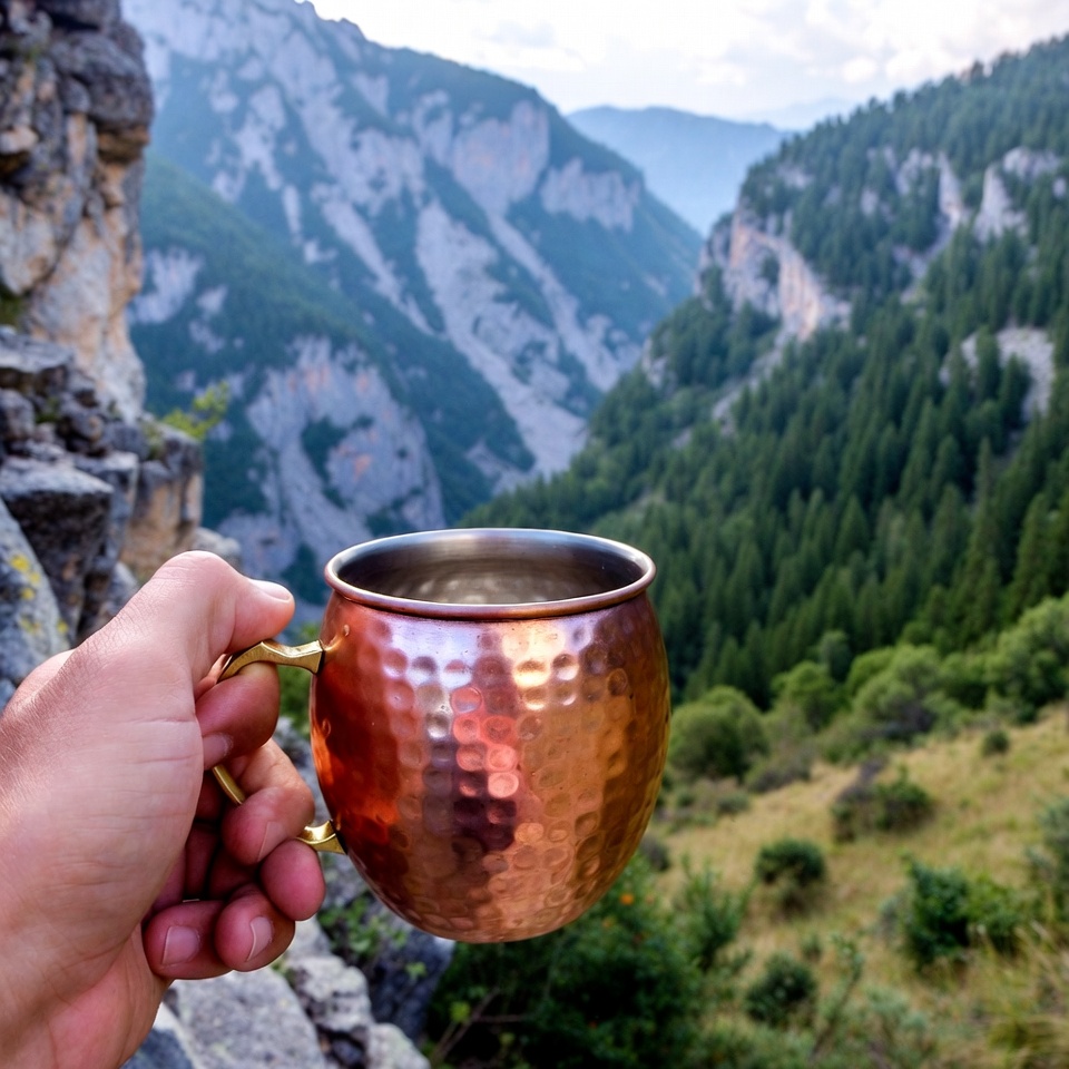 Hand holding copper mug with mountain view Hand holding copper mug with mountain view